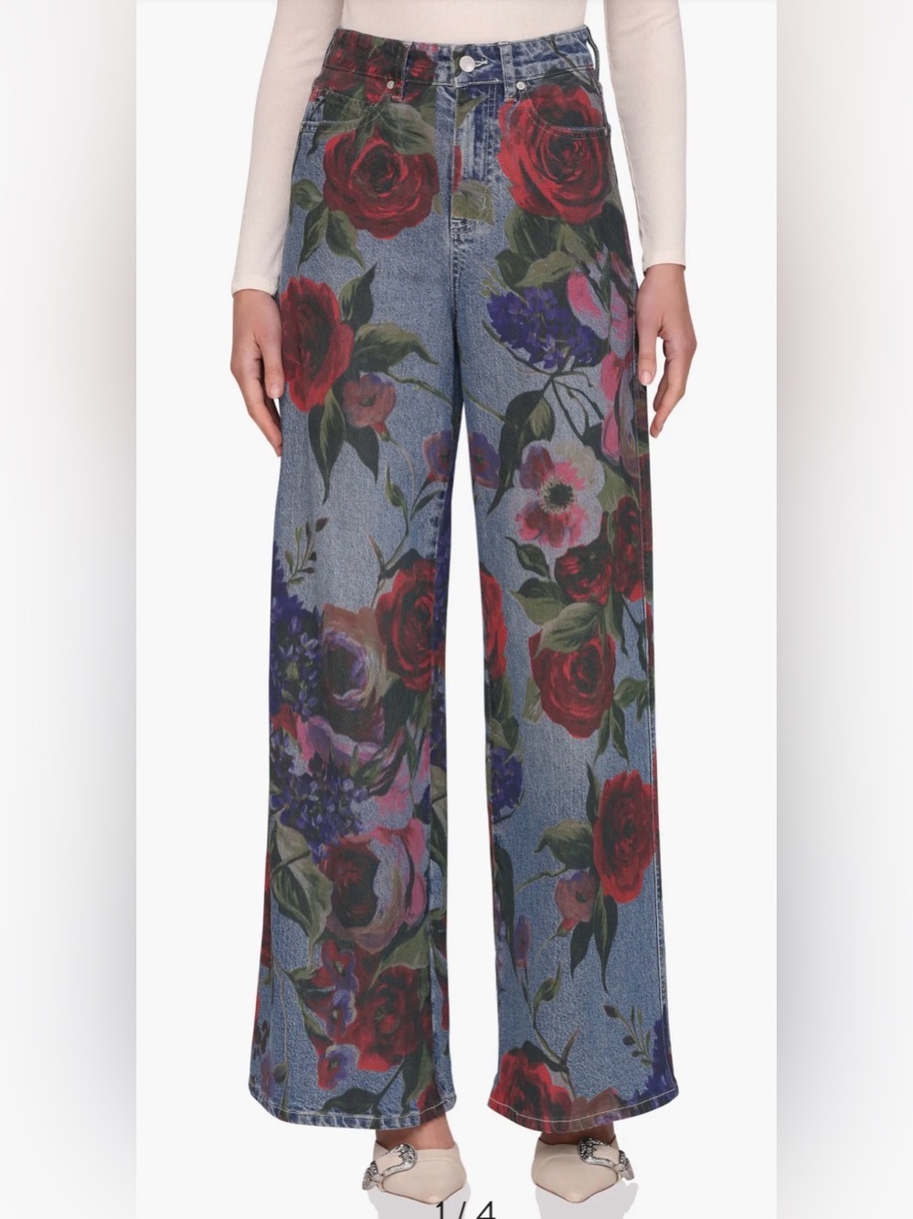 Avec Les Filles Floral Print High Waist Wide Leg Jeans, Sz 31, Portofino Rose 🌹